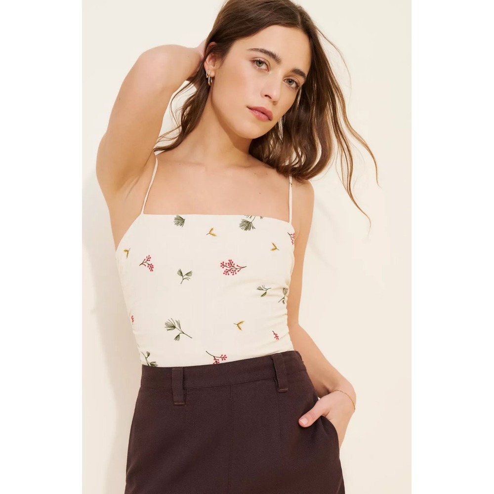 Kourt Snow Calico Embroidered Smocked Back Cami Top Cream Floral Linen‎ Blend XL